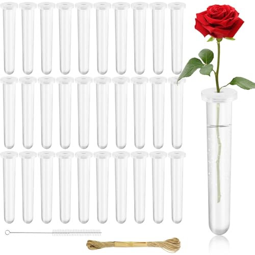 Nadinsta 30 Stück Aufhängbar Blumenröhrchen Kunststoff Reagenzgläser für Blumen, Blumen Wasserröhrchen für Blumenarrangements, Blumenröhrchen Kunststoff mit Deckel, Reagenzglas Vase 11 * 2.4cm