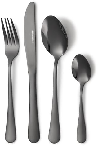 LAGUIOLE, 24-piece cutlery set in 430 stainless steel, modern and elegant design, glossy black PVD coating, 6 knives, 6 forks, 6 spoons, 6 dessert spoons - Black