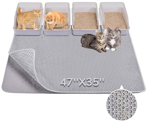 BurgeonNest Cat Litter Mat 47 x 35 Upgraded Felt & Fabric Material Cat Trapping Mat for Fewer Creases, Extra Large Hold 3-4 Litter Boxes Urine-Proof Non Slip, Machine Washable, Soft on Paws, Grey