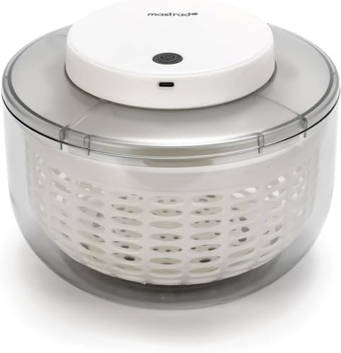 mastrad - Essoreuse Salade Électrique - 4L - Diamètre 20cm - Batterie Rechargeable par USB-C : Deux Heures de Chargement pour 100 utilisations, Base Antidérapante en Silicone pour Fruits, Légumes...