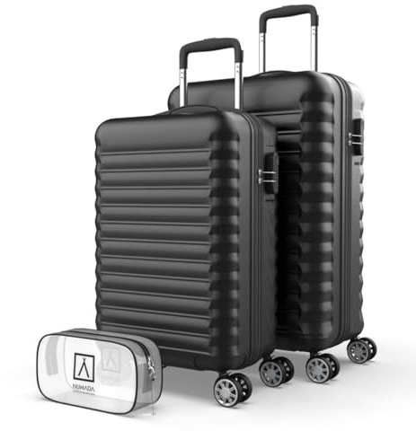 NUMADA-Juego de Maletas Rígidas 3pzs. Maleta Cabina 53cm, Maleta Mediana 63cm y Neceser. Set de Maletas de Viaje ABS Eco Friendly, 4 Ruedas Dobles, Resistentes, Ligeras y Seguras (Negro)