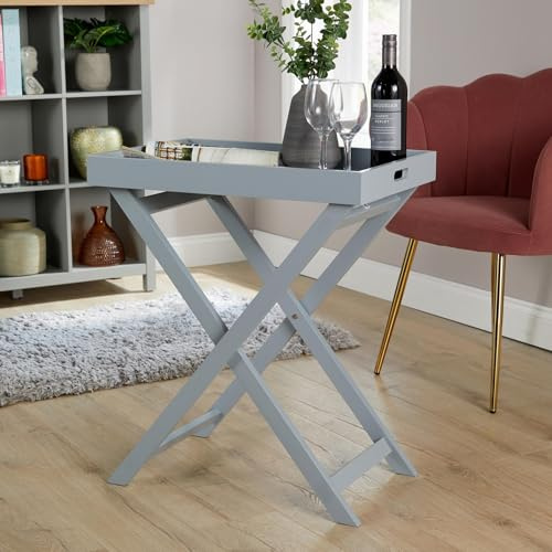 Home Source Butlers Side Table, Portable Wooden Food Drink Serving Tray, Grey, 60cm