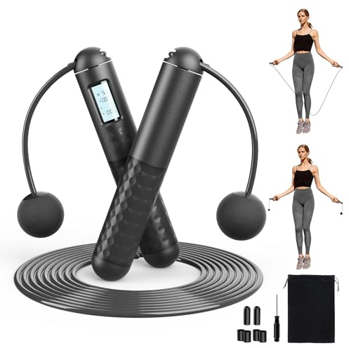 Tuocal Cordless Skipping Ropes for Adults, Ropeless Skipping Rope With Smart Digital Counter, Wireless Weighted Jump Rope with Extra Rope and Storage Bag for Fitness, Exercise, Boxing, Gym