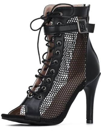 EVEOUT Botas Sandalias de Mujer con Tacón Alto Sexy de Malla Cortada Punta Abierta Botines de Verano con Cordones y Hebilla para Baile