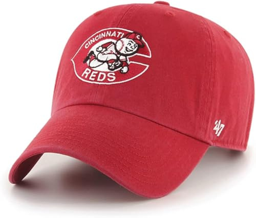 47 Brand MLB Cooperstown Primary Logo Clean Up Adjustable Baseball Cap Hat, Adult One Size Fits All, Cincinnati Reds Red, One size