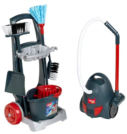 Theo Klein 6847 Vileda Vacuum Cleaner with Cleaning Trolley | 7-piece cleaning set with realistic vacuum cleaner sound | Toy for children aged 2 and up