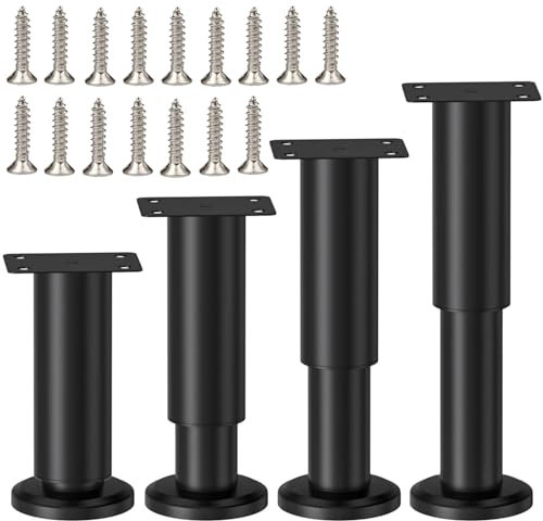 LCOUACEO 4 Stück Möbelfuß Verstellbar, Möbelfuss Metall Schwarz Höhenverstellbar 12-18,5cm Möbelfüße Höhenverstellbare Möbelbeine Einstellbar Stützfüße für Möbel Standfüße für Sofa Schrank Bett