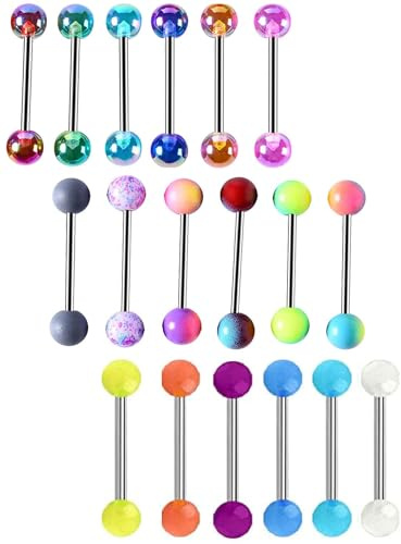 CHarmeFleur 14G 18 st färgglada kulor tungbågar rostfritt stål barbell tunga bröstvårtsring hållare rak stång längd 16 mm för kvinnor män piercing smycken