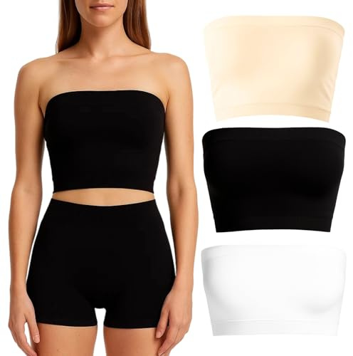 BFSYRR Bandeau Top, 3 PCS Tube Top, Black White Complexion Boob Tube, Strapless Tank Basic Short Ladies Boobtube Tops For Party Parties Beach Travel