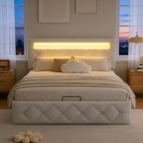 BRILVERDE Letto imbottito 160x200 con Contenitore idraulico, letto matrimoniale con LED, funzionale con testiera, struttura letto con rete a doghe, Velluto (Beige, 160 x 200 cm)