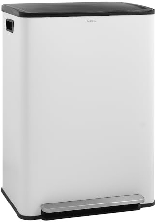 CASABEL Mülleimer Küche, 2x30L Edelstahl-Abfalleimer mit 2 Fächern, 1 Deckel/Pedal, 60L Kapazität, 67x48x33 cm, hygienisch & geruchskontrolliert, herausnehmbarer Innenbehälter - Farbe Cremeweiß