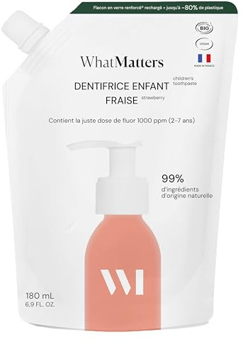 WHAT MATTERS Éco-Recharge Dentifrice Enfant Fraise, 180ml, 99% d'ingrédients d'origine naturelle, Vegan, Fluor 1000ppm, Note 100/100 Yuka, Recharge pour Flacon en verre renforcé®, Fabriqué en France