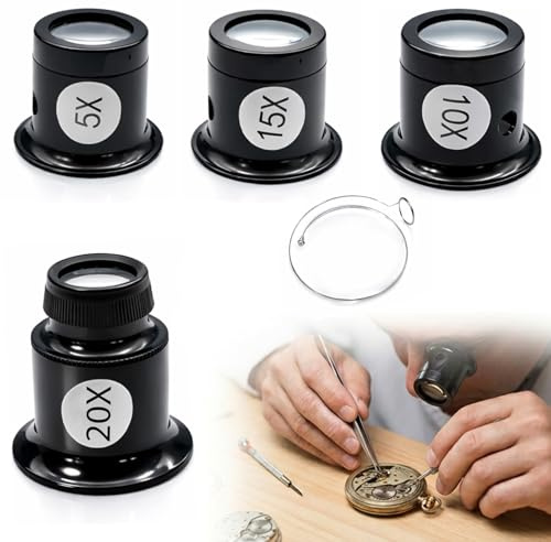 4 Piezas Juego de Lupa de Relojero, Portátiles 5X 10X 15X 20X con Soporte | Lupa de Relojero Profesional Conjunto de Alambre Gafas de Jewelers Loupes para Joyería Relojería Reloj Reparación