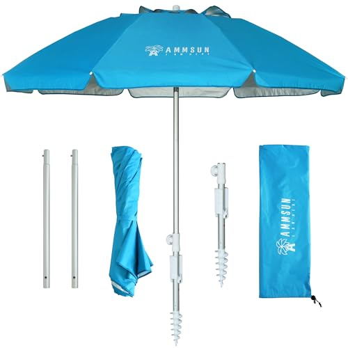 AMMSUN Parasol de plage portable compact de 2 m avec ancre de sable, coupe-vent, bouton poussoir d'inclinaison et grille d'aération, protection UV 50+, tient dans une grande valise pour voyage,