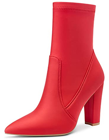 NobleOnly Mujer Botas Cremalleras Tacón Ancho Botines 10CM High Heels Rojo Satín Zapatos EU 39