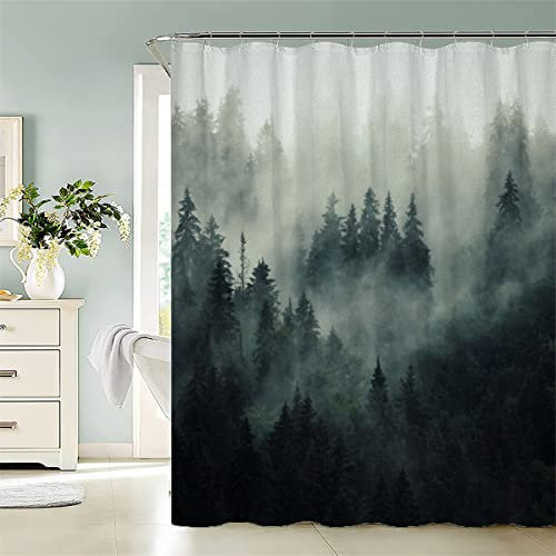 AASIRA Duschvorhang 180x200 Antischimmel Tannenwald Motiv Wasserdicht Textil Duschvorhänge Retro-Wald Waschbar Polyester Badevorhang für Badewanne Badezimmer mit 12 Duschvorhangringen