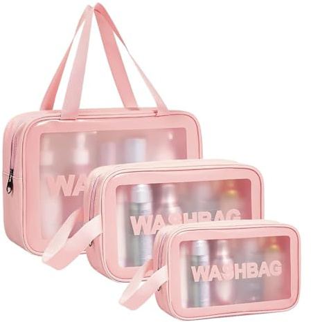 Aucuu 3PCS Bolsas Neceser Transparente, Neceser de Aseo Transparente, Bolsa de Cosméticos Impermeable con Cremallera, Viaje,Vuelo-Rosa