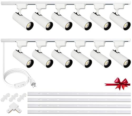 Yuemegou White Super Brightness 4000K Natural Light Dimmable Brightness 25W 2000lm J&L Type LED Track Lighting System with 13 FT Track Rails and Ceiling Spotlight Fixture Installation Package