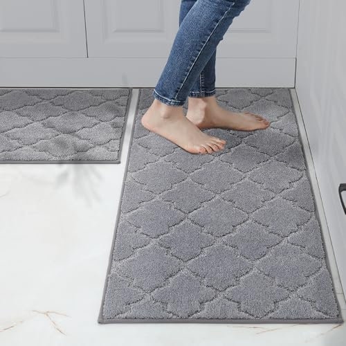 COSY HOMEER Alfombra de Cocina Antideslizante Lavable, Set de 2 Unidades (51 x 76 cm + 51 x 122 cm), Alfombra para Pasillo y Cocina, Ideal para Sala de Estar, Gris