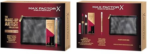 Max Factor Cofanetto Regalo The Make-Up Artist Collection, Pochette in Rete Nera con Lipfinity Rossetto liquido a 2 Fasi + Gloss Top Coat 335 Just In Love e Matita Labbra Colour Elixir 50 Magenta Pink