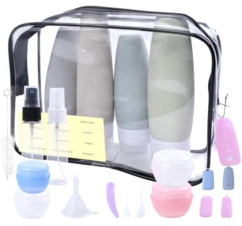 CENRONG Flacon Voyage Set, 19 Pièces Portable Bouteilles de Voyage en Silicon Anti-Fuite Rechargeables, Voyage Accessoires pour Shampoing Gel Douche Liquides