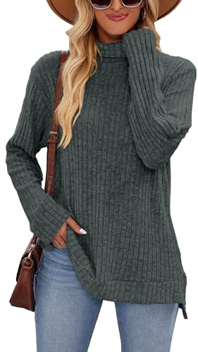 Famulily High Neck Long Sleeve Jumpers for Ladies, Longline Sweatshirts Rib Knitted Pullover Sweater Tunic Tops (L, Army Green)