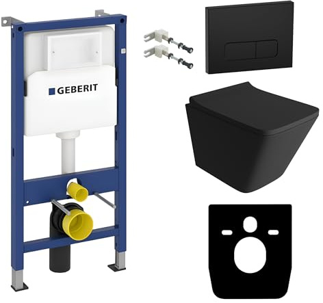 Lavita SET: elemento a parete Geberit Duofix Basic +WC a scarico profondo Lago nero senza brida +sedile WC +piastra di comando pulsante nero Set completo cassetta di scarico da incasso WC set completo