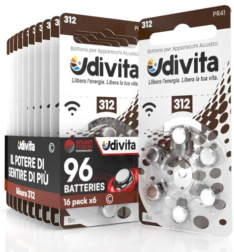 96 Batterie Per Apparecchi Acustici Udivita Misura 312 Tecnologia Phono Pulse - 16 Blister da 6 Pile