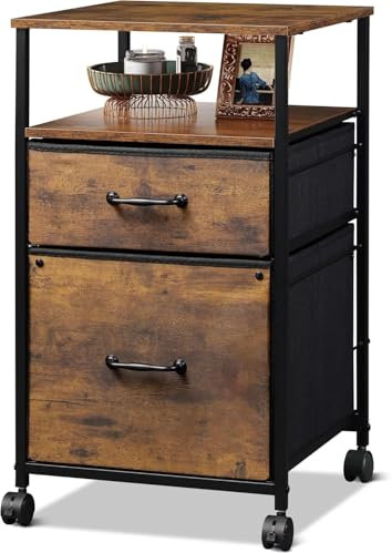 DEVAISE Rollcontainer mit 2 stoffbespannten Schubladen und offenem Fach Büro Organizer mit Feststellrädern für A4 Formate Vintage Braun