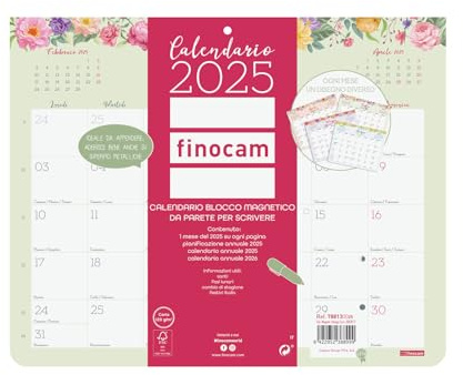 Finocam - Calendario Bloc Design da Parete con Calamita per Scrivere 2025 Layout Mensile Gennaio 2025 - Dicembre 2025 (12 mesi) Italiano