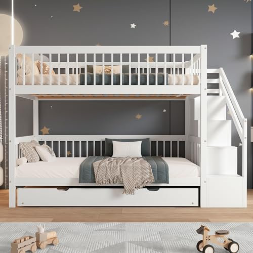Zyloyal10 Barnsäng, trädhus med rutschkana och stege, våningssäng för barn, med fallskyddsgaller på alla sidor, furu + MDF, vit, 90 x 200/190 cm