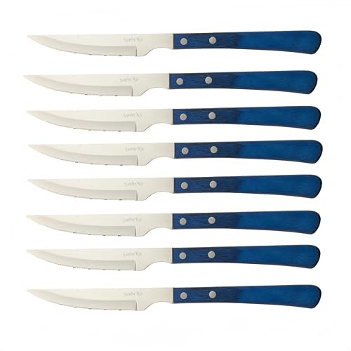 SanheKit Steakmesser-Set, 6/8/12/14-teilig, Edelstahl mit hohem Kohlenstoffgehalt, Holzgriff, ergonomisches Griffdesign, gezacktes Fleischmesser, scharfe Tafelmesser (blue 8pcs set)