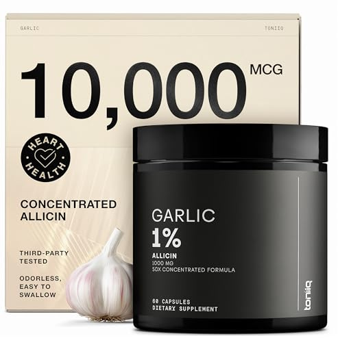 Toniiq Garlic Capsules with 10,000mcg Allicin - Odorless - 50:1 Extract for Maximum Potency - Third-Party Lab Tested - 60 Vegetarian Capsules