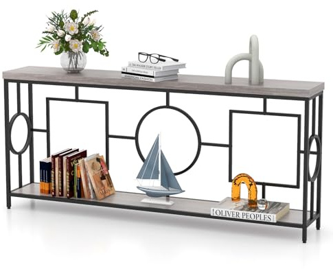 LIFEZEAL Mesa Consola 180cm, Mesa Auxiliar de 2 Niveles, Mesa Estrecha para Entrada, Consola Larga para sofá con Estructura de Metal, recibidor con Estante de almacenaje para Pasillo, salón (Gris)