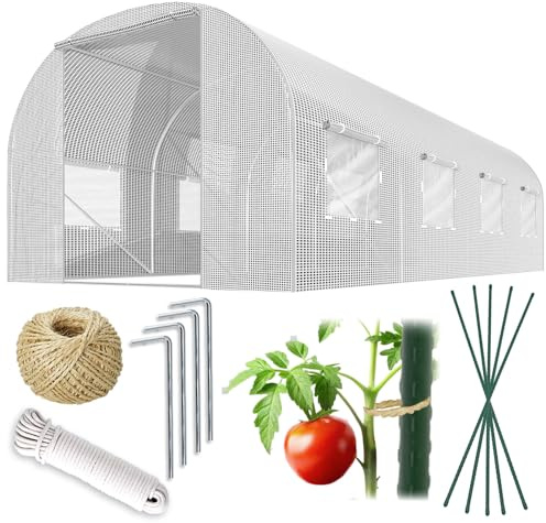 Plonos Folientunnel Gewächshaus Mit Rahmen Stahl Set Mit Pflanzenstützen Zubehör 3 x 4,5 x 2 m 13,5m2 Weiß