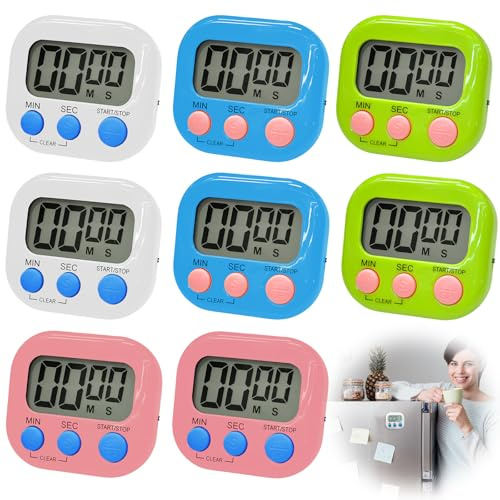 8 stycken magnetiska stoppur timer: WIYETY 4 färger digital kökstimer med klocka med stor LCD-display tyst för kök, kontor, sport (batterier ingår ej)