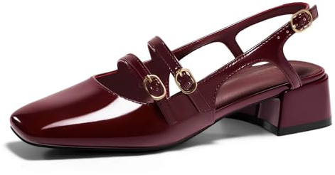 Coutgo Womens Mary Jane Chunky Low Heels Slingback Pumps Closed Square Toe Wedding Dress Shoes, Dark Red, Size 8.5