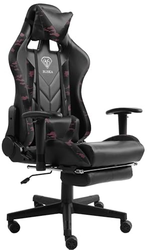 TRISENS Gaming Stuhl mit Fußstütze und ergonomsichen 4D-Armlehnen Gaming Chair in ergonomischer Sportsitz Optik Gamer Stuhl mit verstellbaren Rückenstützkissen Bürostuhl, Farbe:Schwarz/Military -Rosa