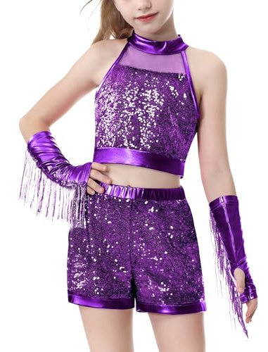 LOLANTA Flickor med paljetter crop top & shorts set med fransärmar, lila, 7-8 år