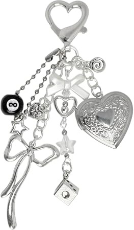 YTYAB Cute Heart Locket Keychain,Y2k Bag Charms,Kawaii Photo Key Chain,Bow 8 Ball Star Dice Aesthetic Accessories for Women Backpack,Beaded Kindle Fashion Decor(Silver)