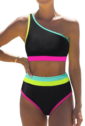 popvil Women's One Shoulder Swimsuit : Neon 2 Piece High Waisted Bikini Sets Cute 2026 Color Block one Strap Bathing Suit Ladies Beach Summer Black