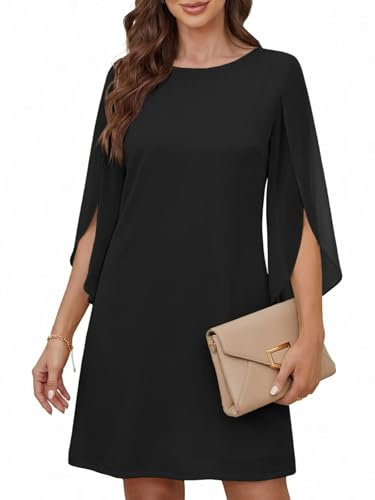 Cicy Bell Abito da donna con scollo rotondo, elegante, a maniche a 3/4, in tinta unita, per il tempo libero, al ginocchio