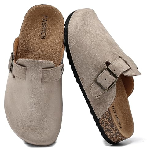 Mules et Sabots Enfants en Cuir, Garçon Fille, Chaussons Fermés avec Boucle Réglable, Plates et Confortables, Antidérapantes, Sandales Clog avec Semelles en Liège, Pantoufles Extérieur pour Jardin