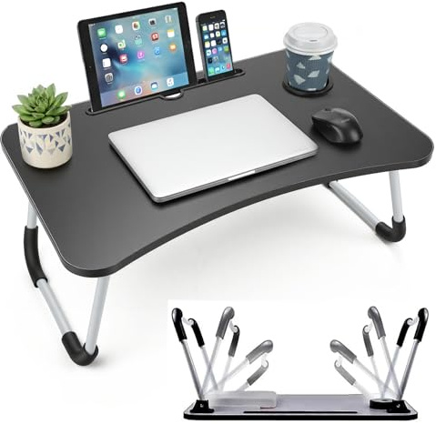 LKH Foldable Laptop Table with Tablet Holding Slot - 60×40×26 cm Portable Bed Tray with Drink Holder, for Bed, Sofa & Desk - Lightweight Folding Bed Desk with Anti Slip Legs