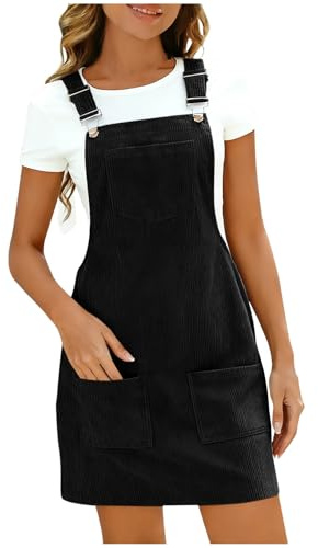 Women's Corduroy Overall Dresse Casual Pinafore Dress Square Neck Solid Pocket Front Wide Straps Short Dungarees Sleeveless Vintage Mini Dress