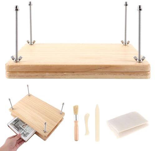 LDHHYH Bokpress i Trä 29,5 x 19,5 cm, Bokbindningspress med 2 Träplattor, Skruvar, Filterduk, Vikkniv och Borste, Bokbindningsverktyg för DIY och Reparation