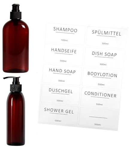 ISOLATECH Set med 2 Dispensrar 500ml för Badrum Ovala PET-Flaskor | i Brunt med Svart Pump - Påfyllningsbara för Duschgel, Schampo och Bodylotion - med 10 Etiketter