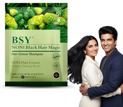 BSY Black Hair Magic Color Shampoo (12ml x 12 Sachets) | Ammonia-Free Permanent Noni Fruit Hair Dye for Men and Women | Natural 5-Minute Hair Color