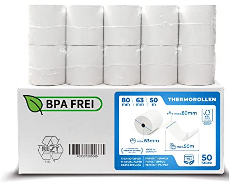 THERMALKING Thermorollen 80mm x 63mm x 12mm [für Bondrucker wie Epson, IBM & co.] - Bonrollen 80x63x12 Thermo - Kassenrollen Thermopapier - Geeignet für Drucksysteme mit Papierbedarf bis 50m (50 Stk)