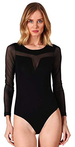 VEDATS Damen Body Langarm Rundhals Bodysuit mit transparentem Netzeinsatz (L)